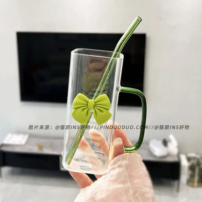 Cute Glass Mug with Bow & Straw