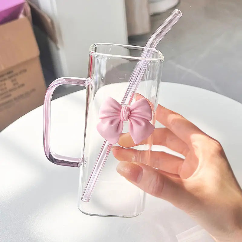 Cute Glass Mug with Bow & Straw