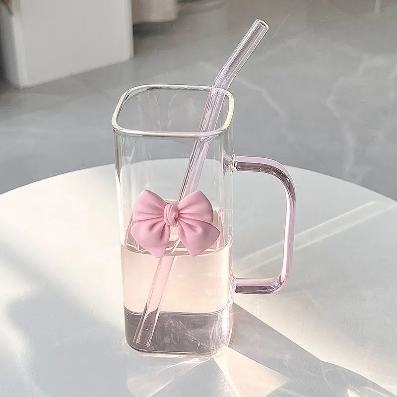 Cute Glass Mug with Bow & Straw
