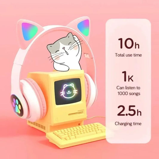 Premium STN-28 RGB Cat Ear Wireless Bluetooth Headphones with LED Light